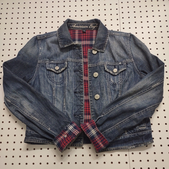 American Eagle Distressed, Flannel Lined Jean Jacket, Size Medium - Picture 1 of 8